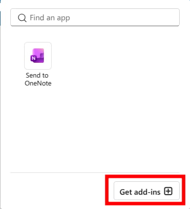 The Get add-ins button in the Outlook add-in picker