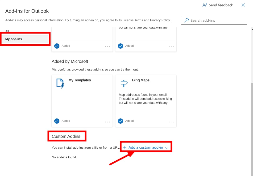Add-Ins for Outlook dialog, My add-ins tab, Custom Addins section with the Add a custom add-in button