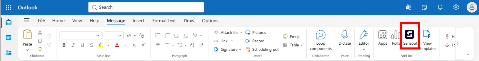The Sensbot button in the Add-ins group of the Outlook on the web ribbon