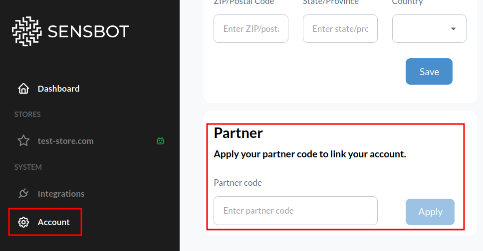 Partner code entry section