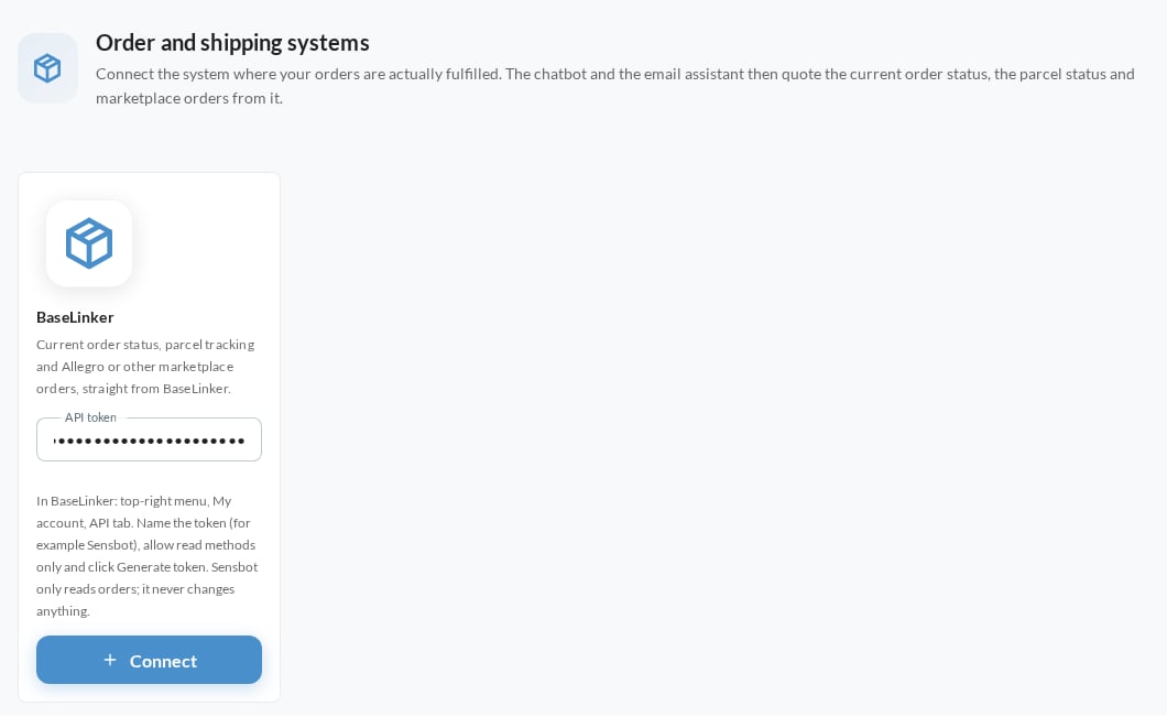 The Order and shipping systems section in Sensbot Integrations, with the BaseLinker card, a token pasted into the API token field and the Connect button