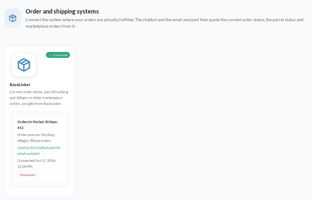 The BaseLinker card marked Connected, showing 412 orders in the last 30 days from three sources: My shop, Allegro and Phone orders