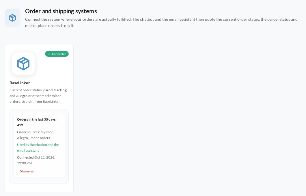 The BaseLinker card marked Connected, showing 412 orders in the last 30 days from three sources: My shop, Allegro and Phone orders