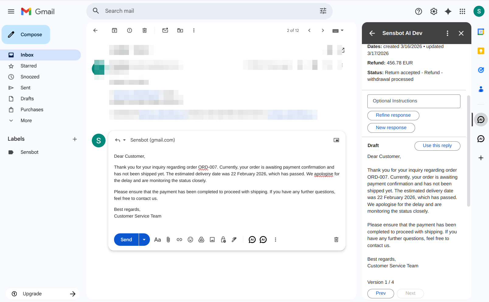 Gmail compose window with the generated draft inserted after clicking Use this reply