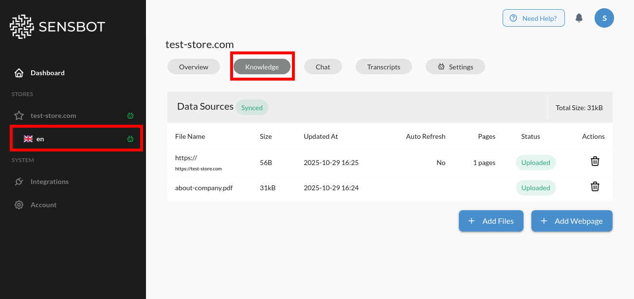 Knowledge tab in Sensbot AI admin panel