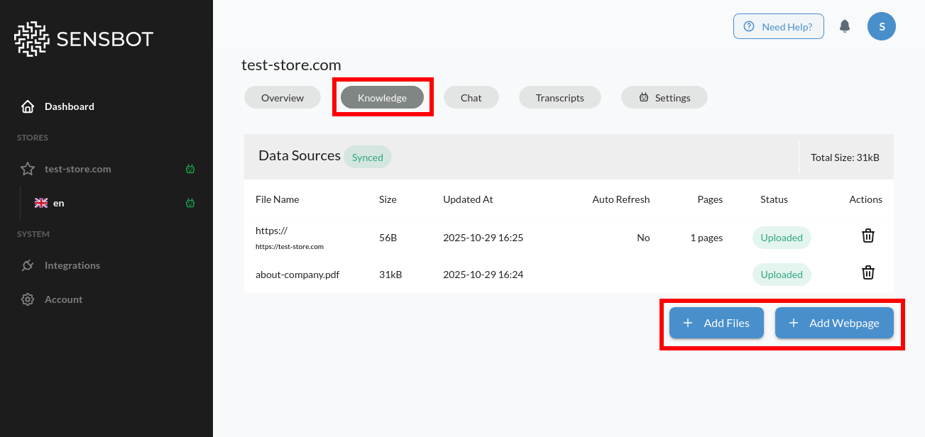 Add files button in knowledge base