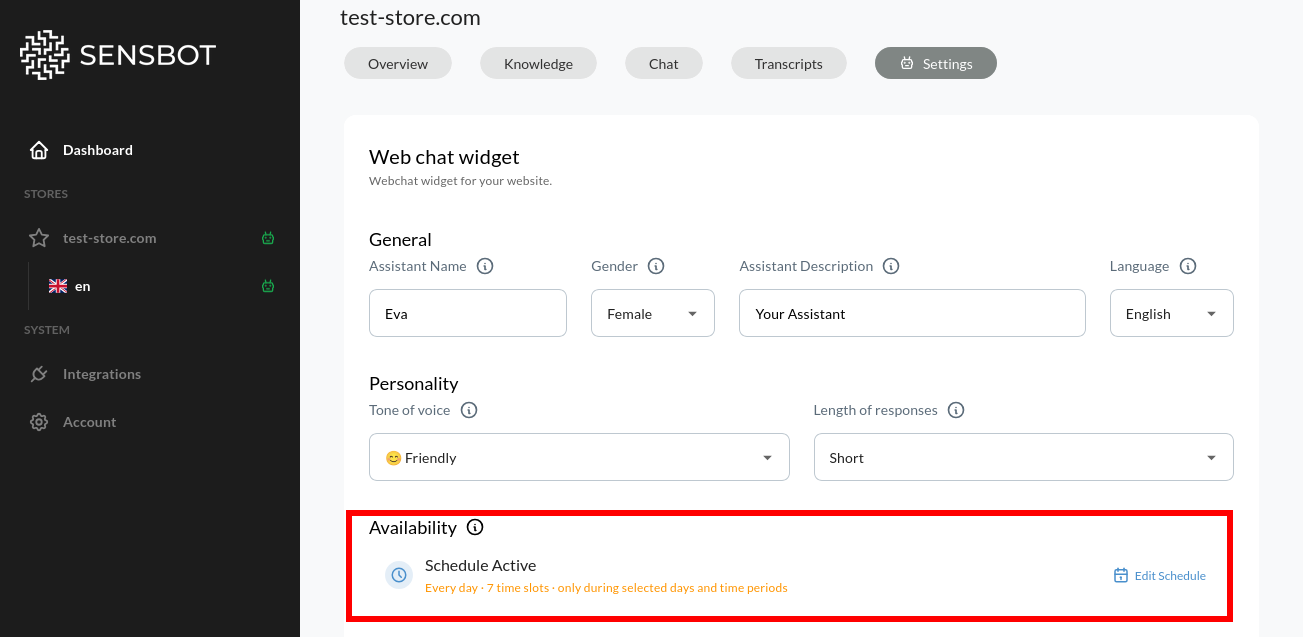 Availability schedule settings access