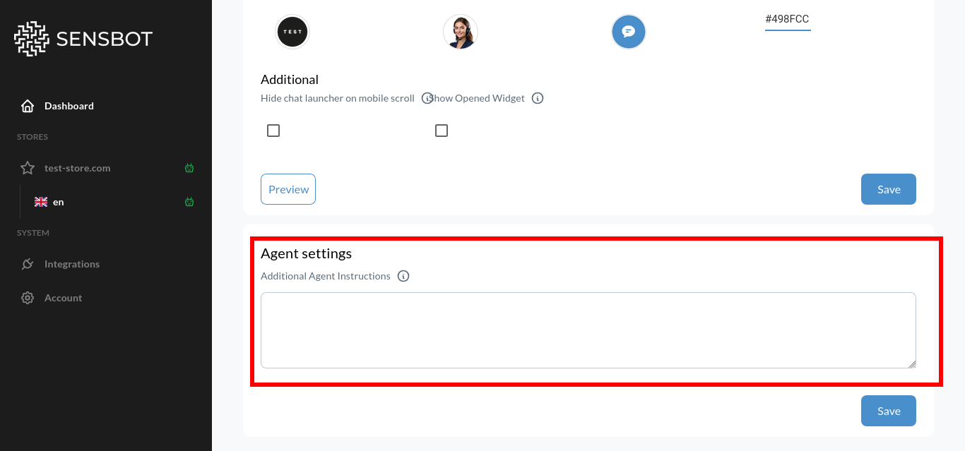 Additional Agent Instructions field in Agent Settings
