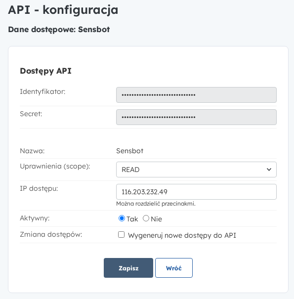 The Selly API key page showing the Identyfikator and Secret fields, masked in this screenshot, with scope READ and allowed IP 116.203.232.49