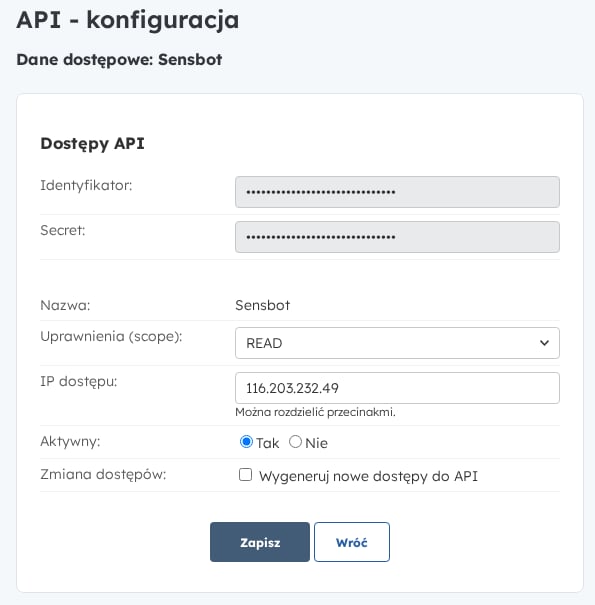 The Selly API key page showing the Identyfikator and Secret fields, masked in this screenshot, with scope READ and allowed IP 116.203.232.49