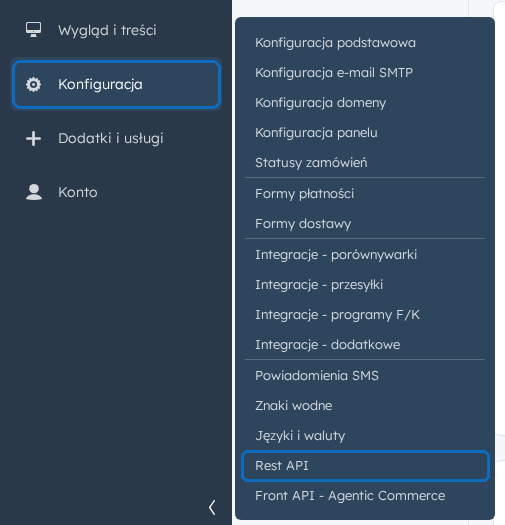 The Selly admin menu with Konfiguracja opened and the Rest API item highlighted
