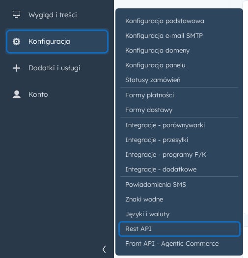 The Selly admin menu with Konfiguracja opened and the Rest API item highlighted