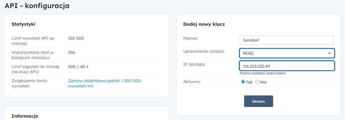The Selly API configuration page with the new key form filled in: name Sensbot, scope READ, allowed IP 116.203.232.49