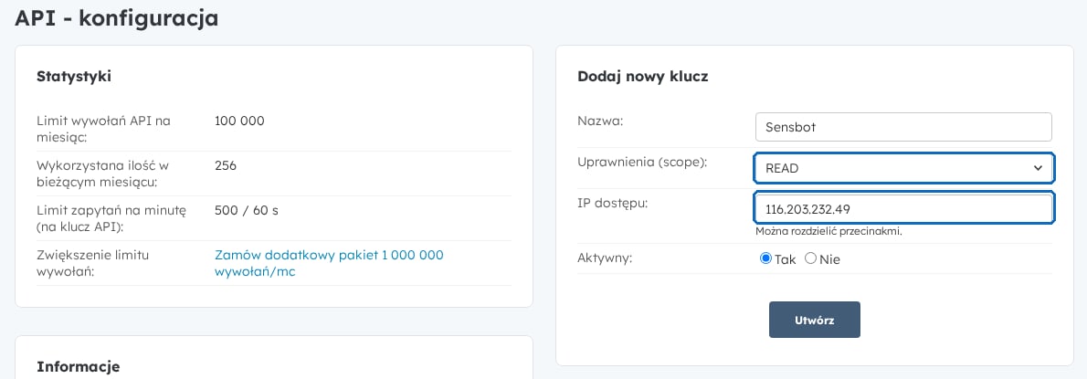 The Selly API configuration page with the new key form filled in: name Sensbot, scope READ, allowed IP 116.203.232.49