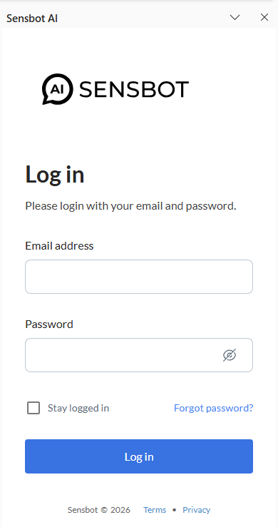 Sensbot login screen in Outlook