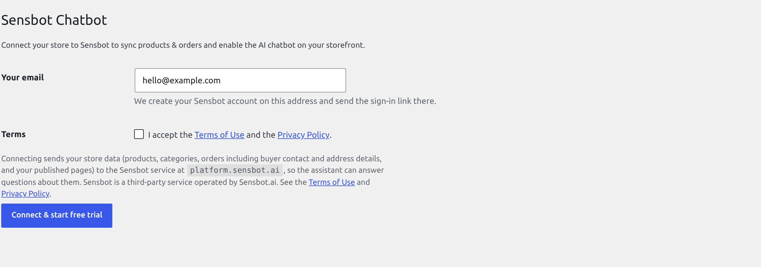 The Sensbot Chatbot settings screen before connecting: an email field, the terms checkbox and the Connect and start free trial button