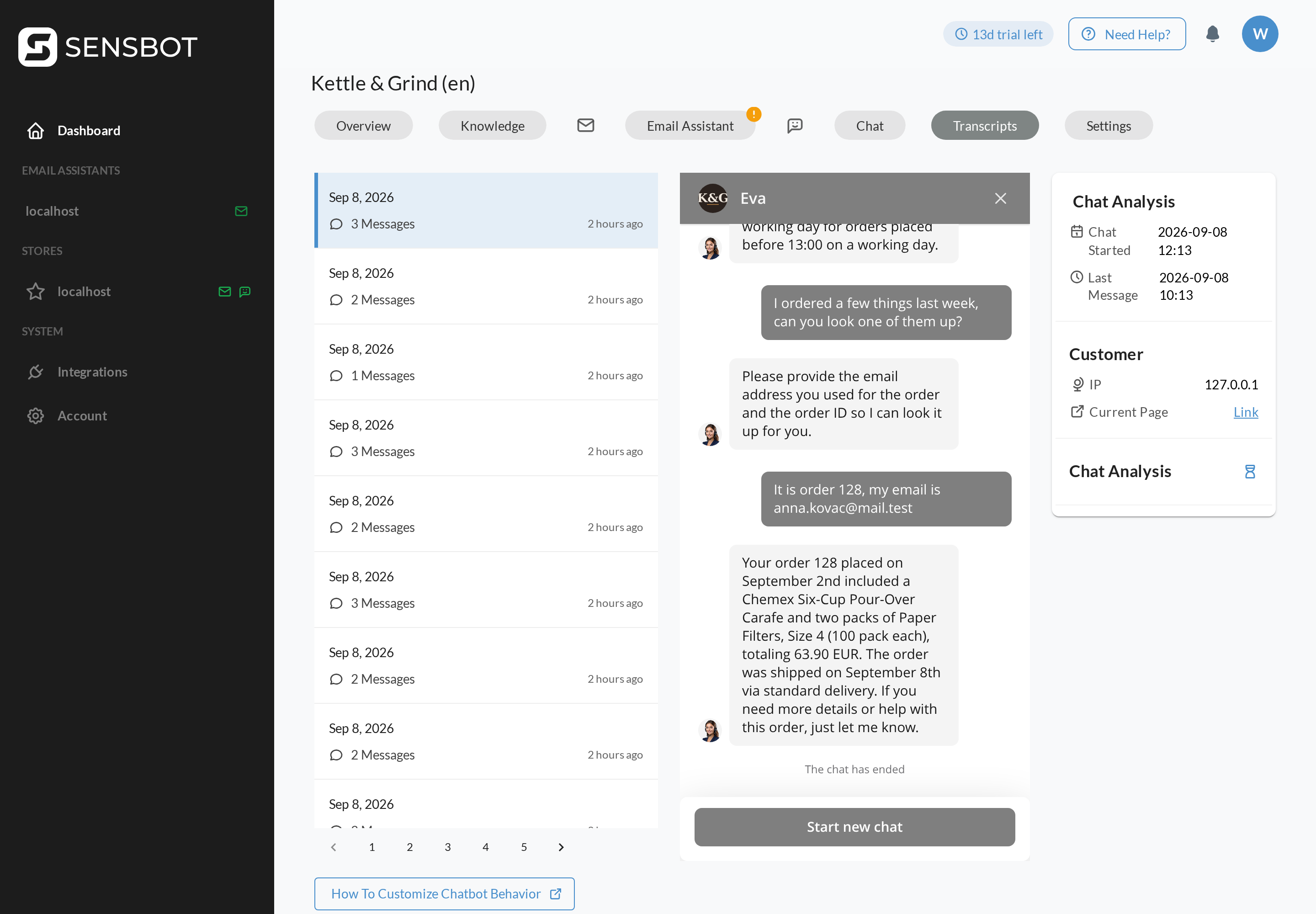 The Sensbot dashboard, where every conversation from the store can be read back