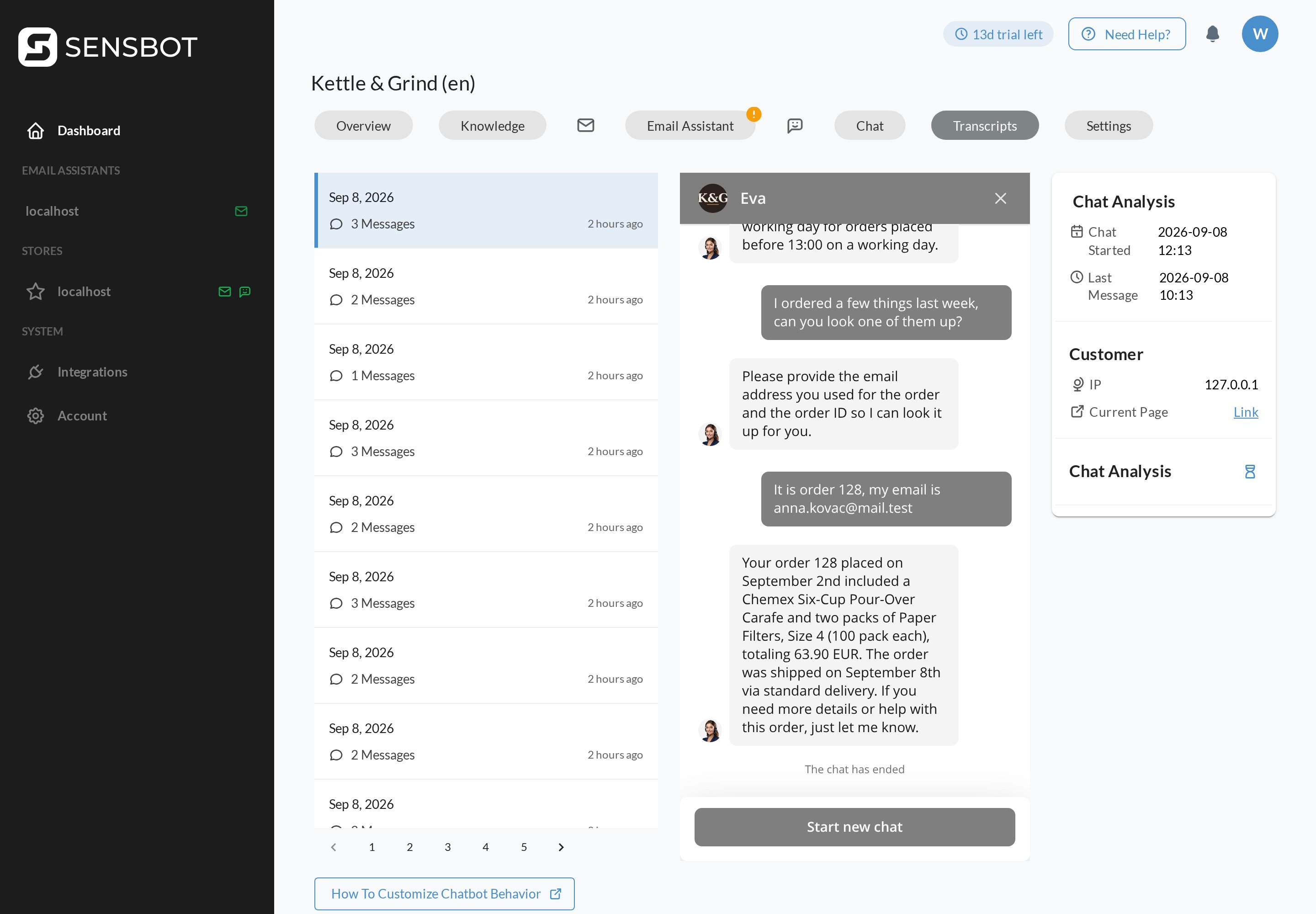 The Sensbot dashboard, where every conversation from the store can be read back