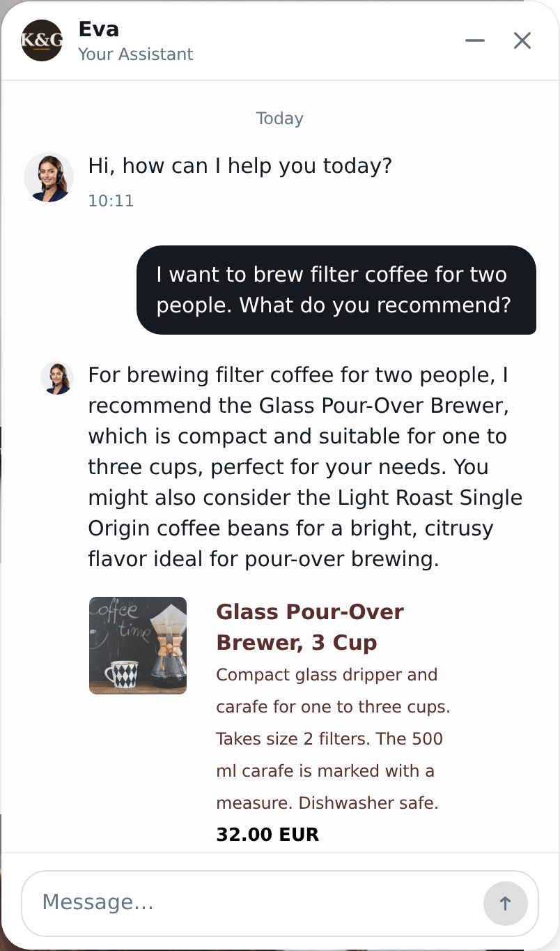 The Sensbot chat widget on a WooCommerce storefront, answering a product question with a product card showing the image, description and price