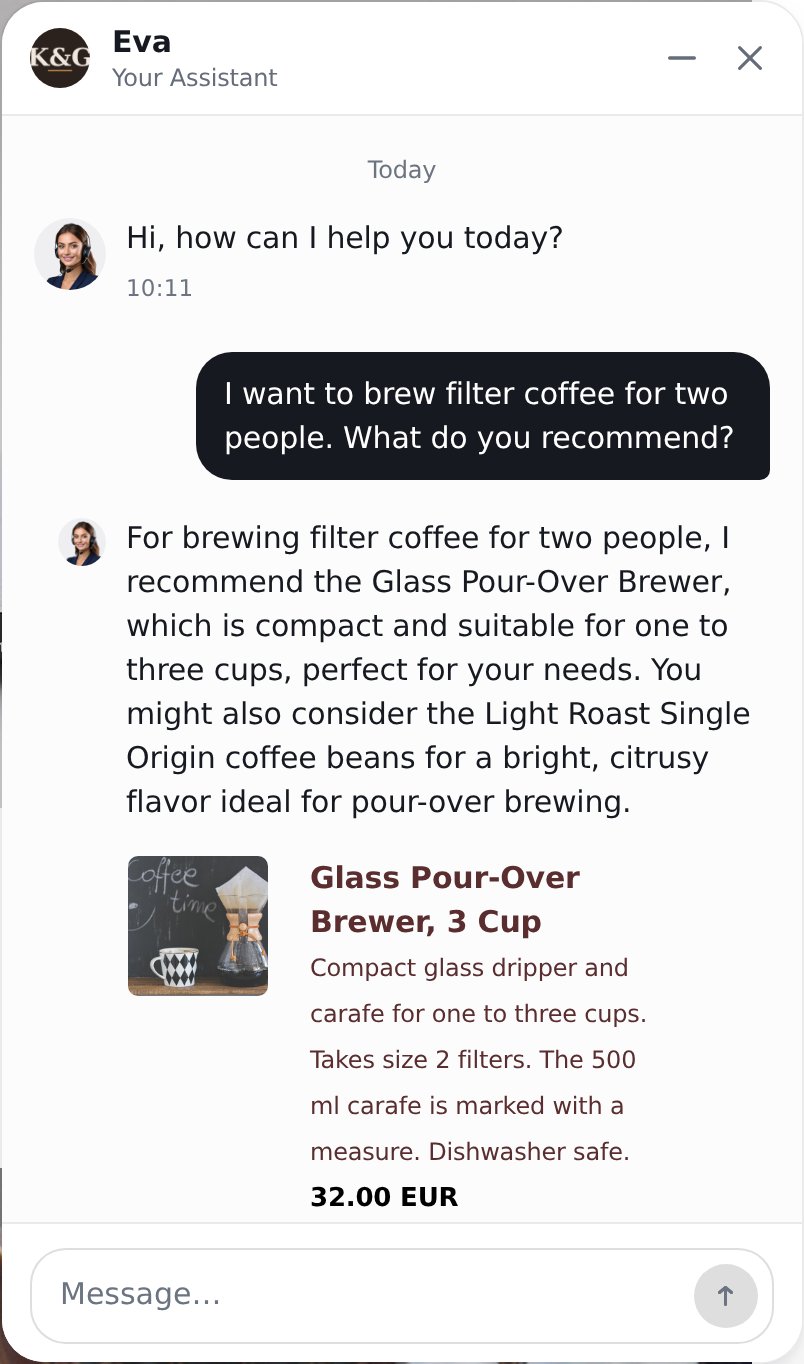 The Sensbot chat widget on a WooCommerce storefront, answering a product question with a product card showing the image, description and price