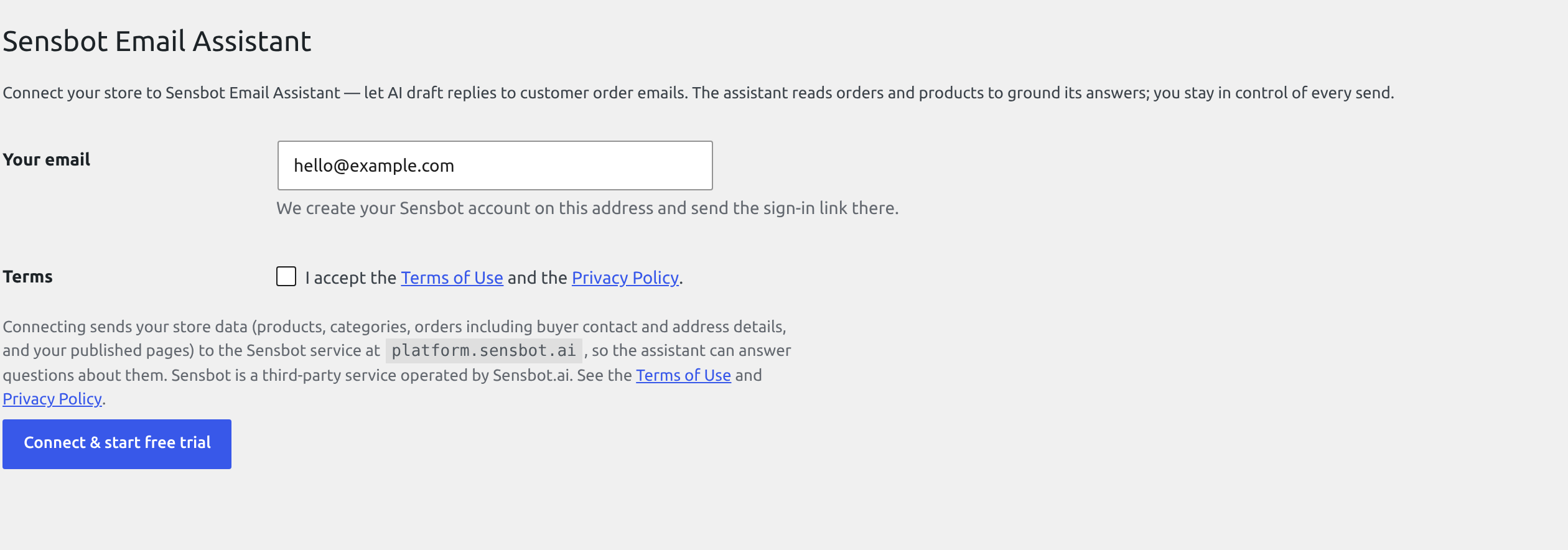 The Sensbot Email Assistant settings screen before connecting: an email field, the terms checkbox and the Connect and start free trial button