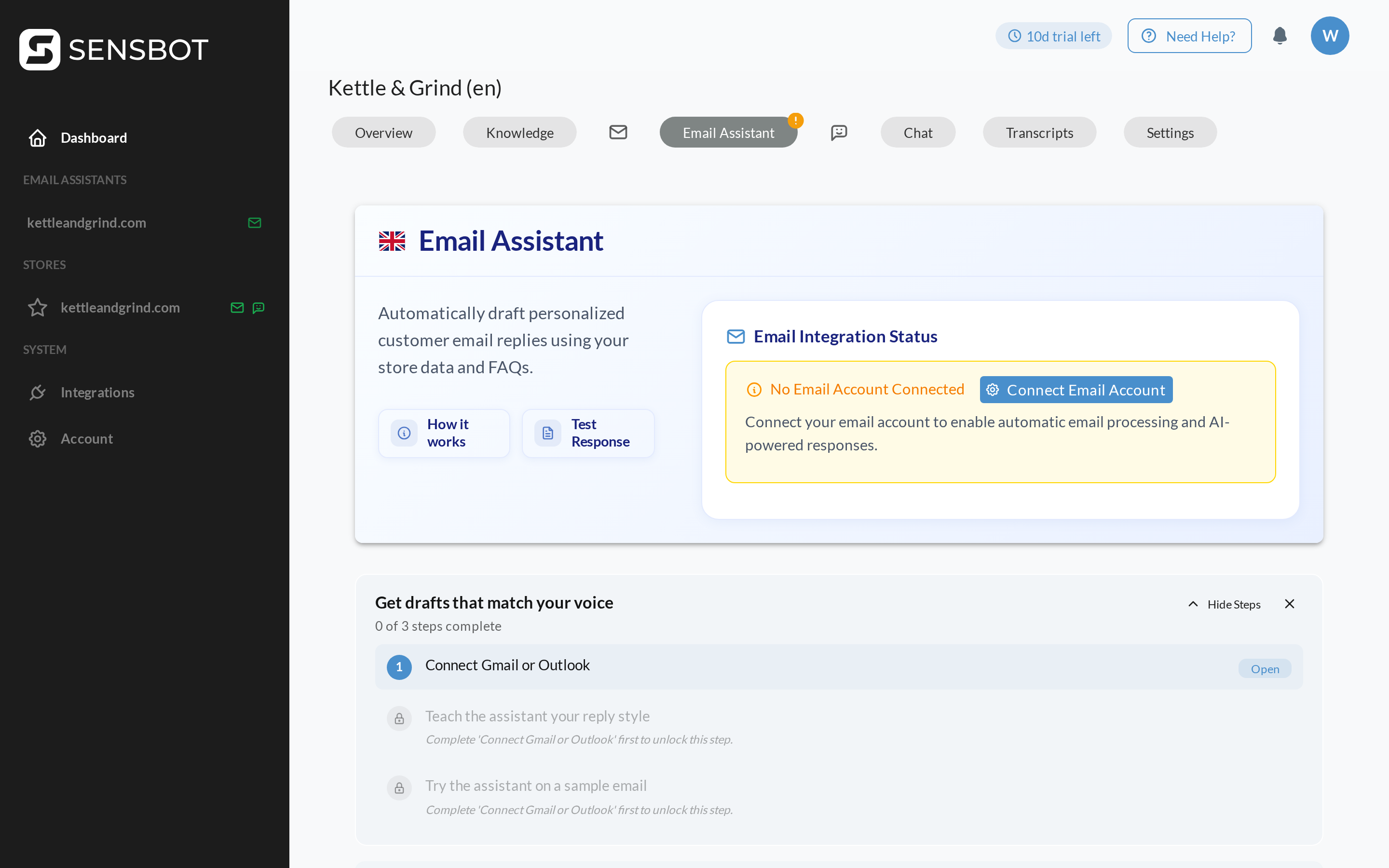 The Sensbot dashboard Email Assistant tab with the Connect Email Account button and the three setup steps