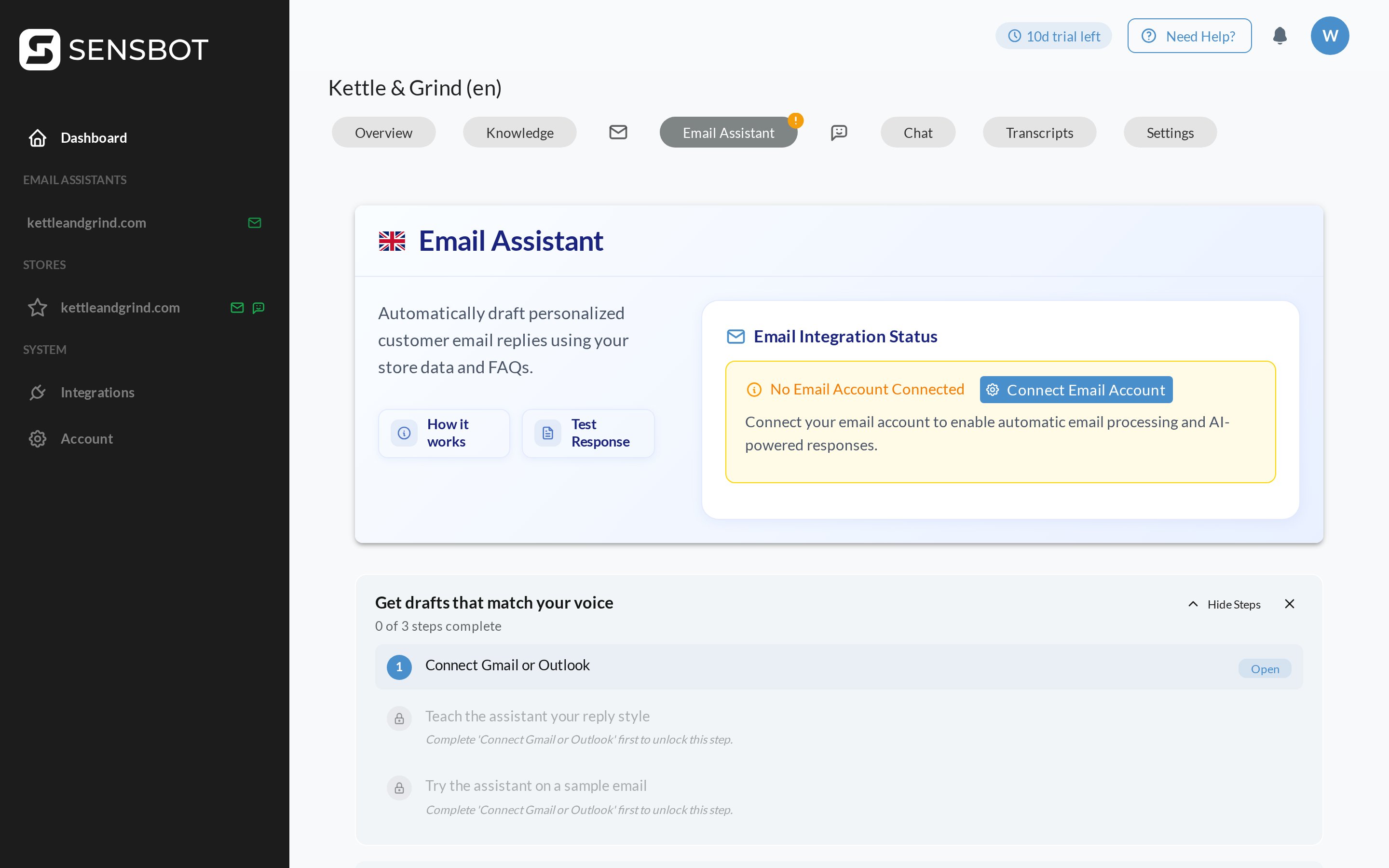 The Sensbot dashboard Email Assistant tab with the Connect Email Account button and the three setup steps