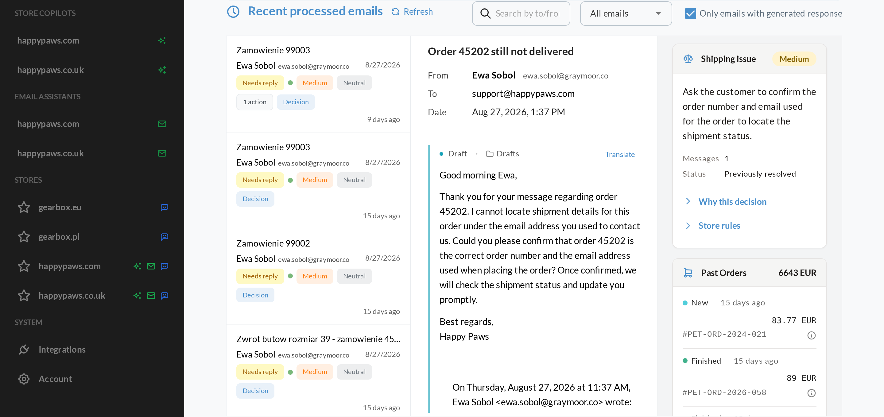 The Sensbot dashboard showing a processed customer email, the drafted reply and the matched order