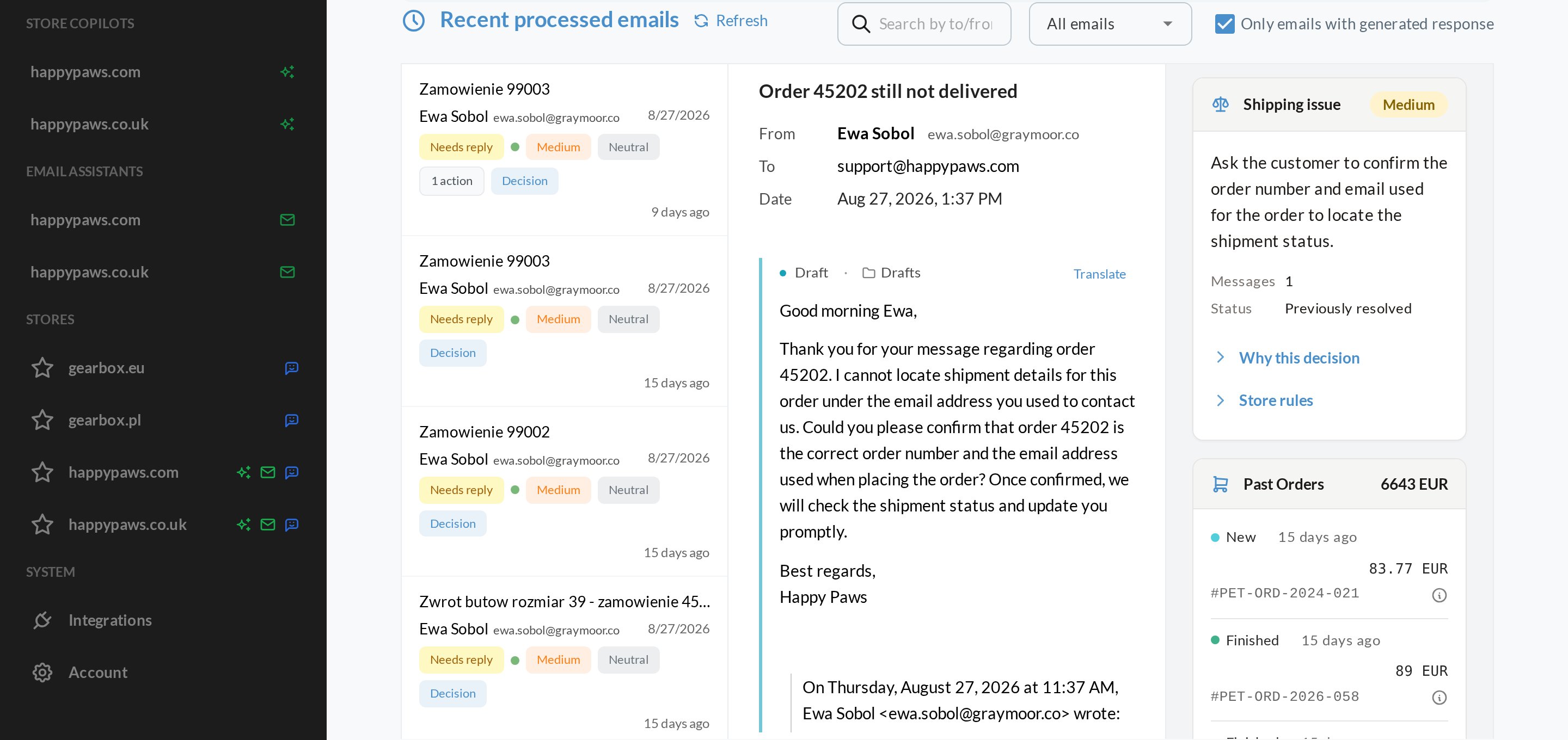 The Sensbot dashboard showing a processed customer email, the drafted reply and the matched order