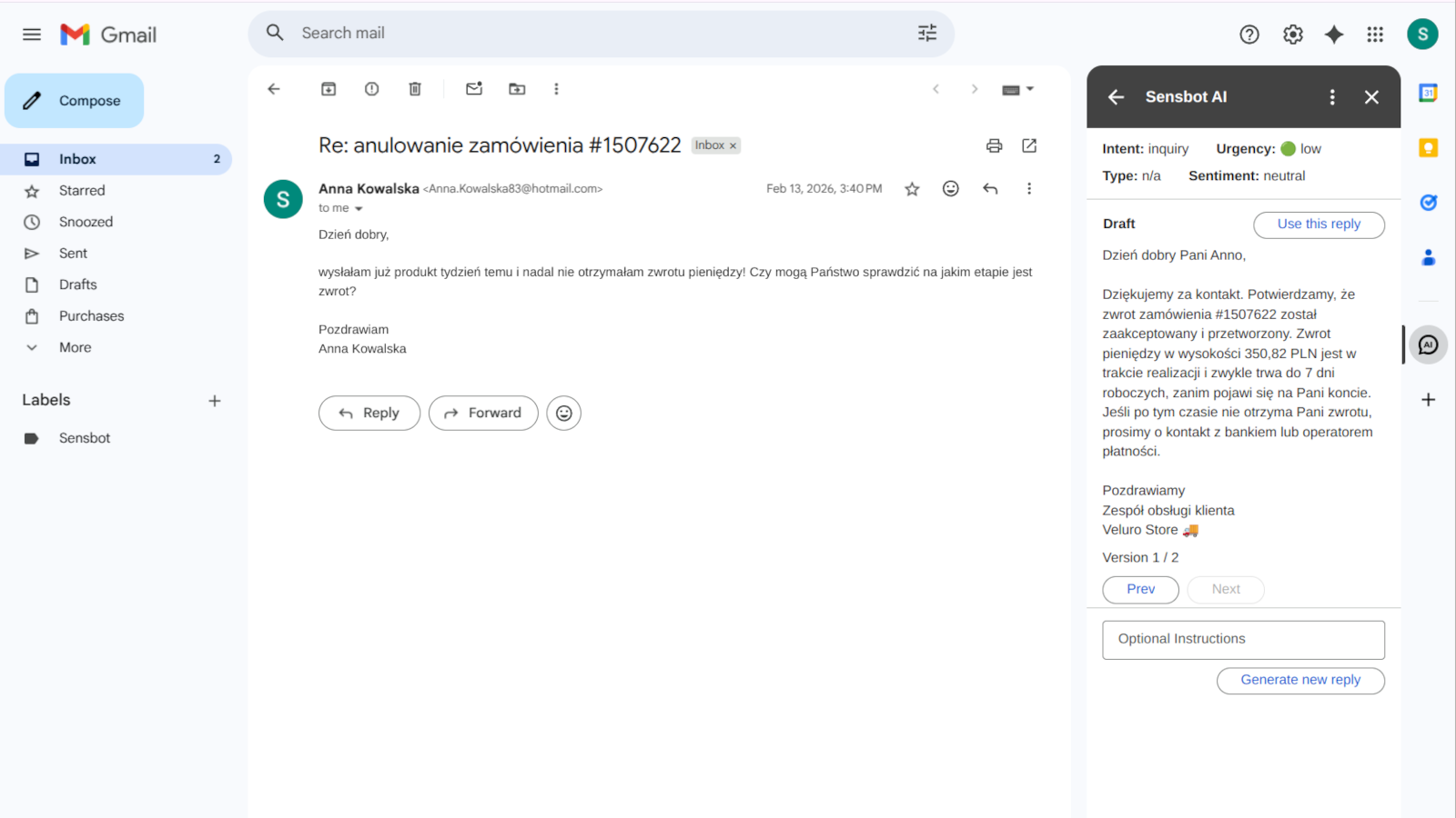 A customer email in Gmail with the Sensbot panel beside it showing the drafted reply