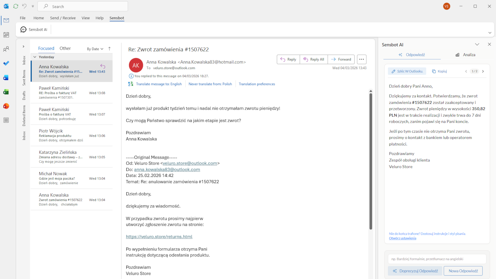 The Sensbot add-in in Outlook, showing the drafted reply next to the customer's message