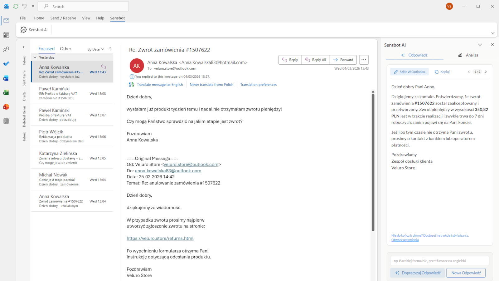 The Sensbot add-in in Outlook, showing the drafted reply next to the customer's message