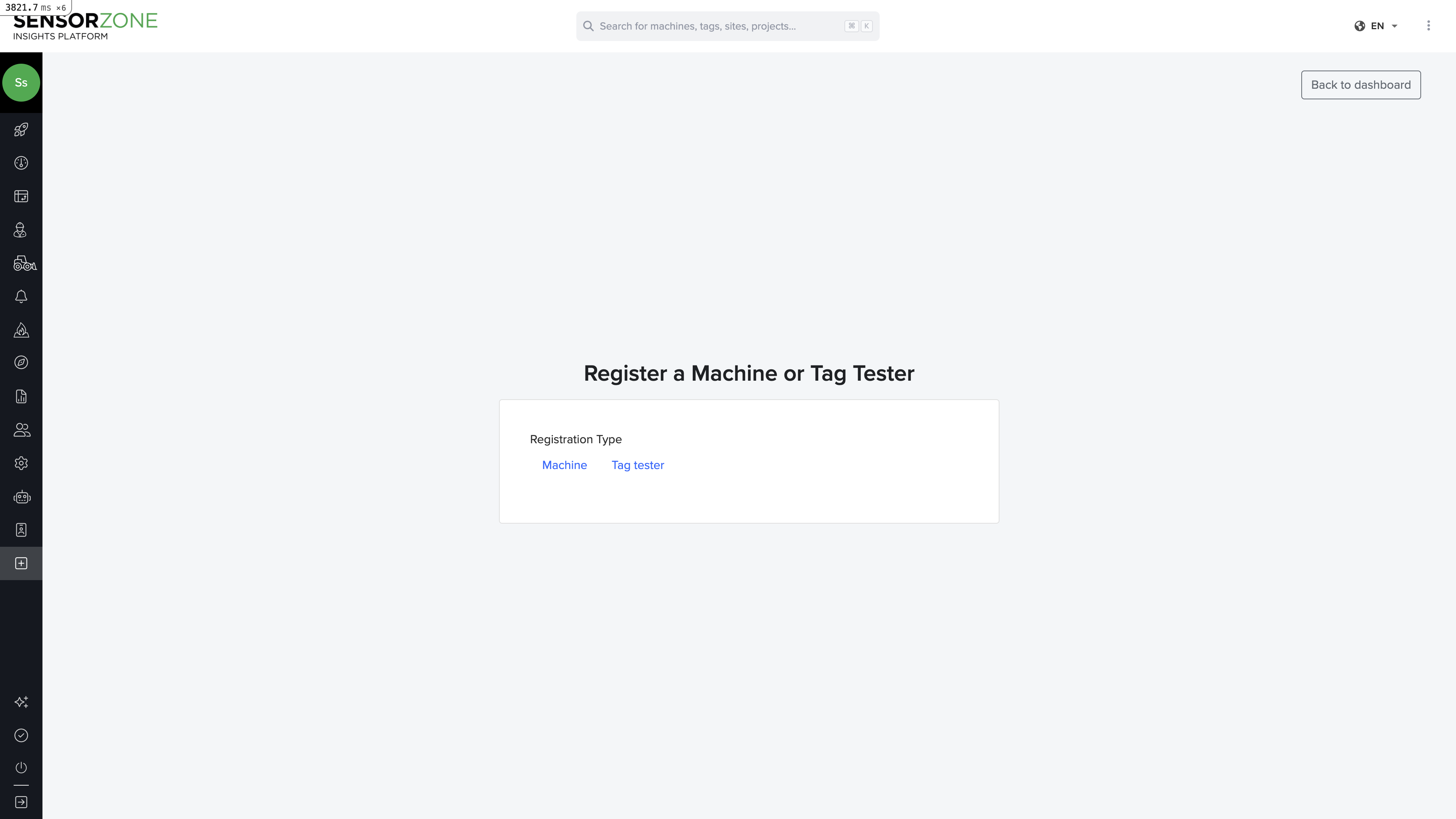 Device registration page showing machine and tag tester tabs with form fields
