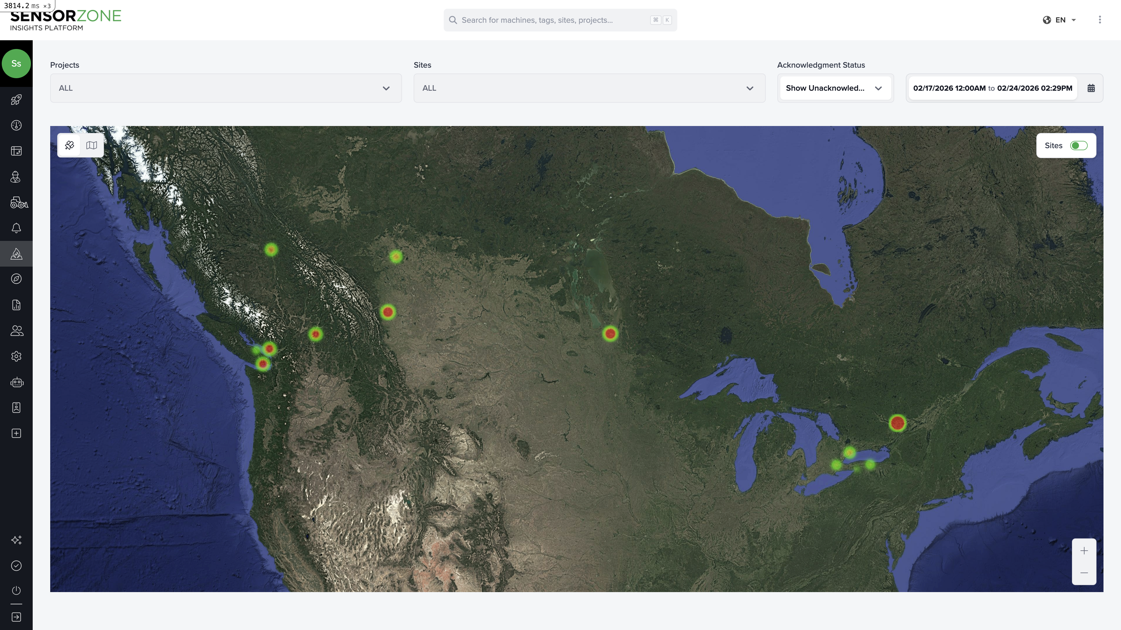 Geographic heatmap showing incursion density across all worksites with color-coded markers
