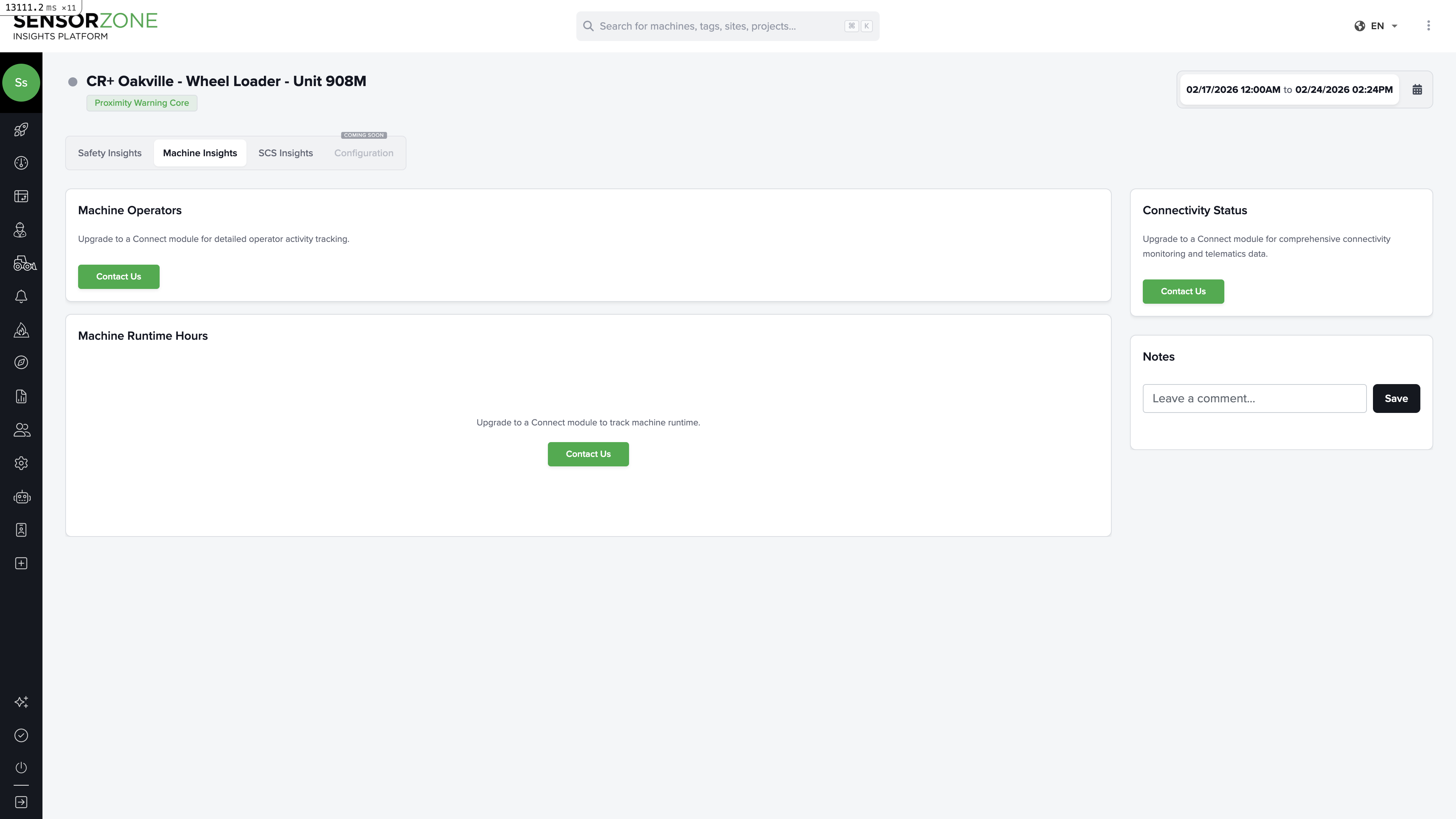 Machine detail Machine Insights tab showing operator usage, runtime, and connectivity status