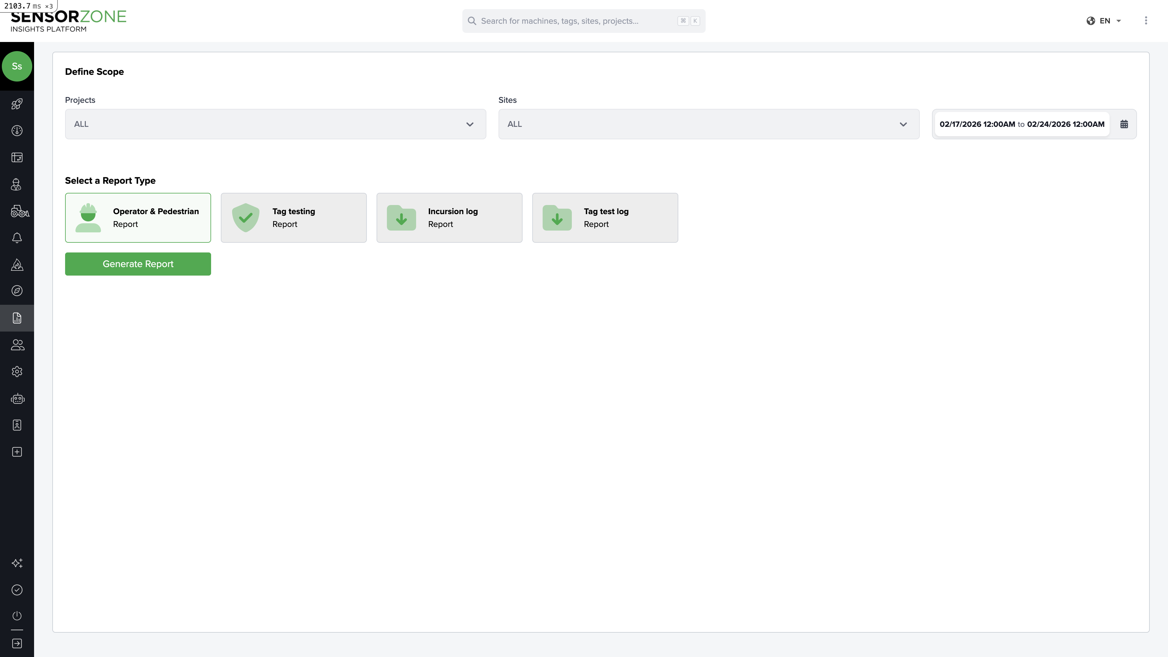 Report creation form showing scope definition and report type selection