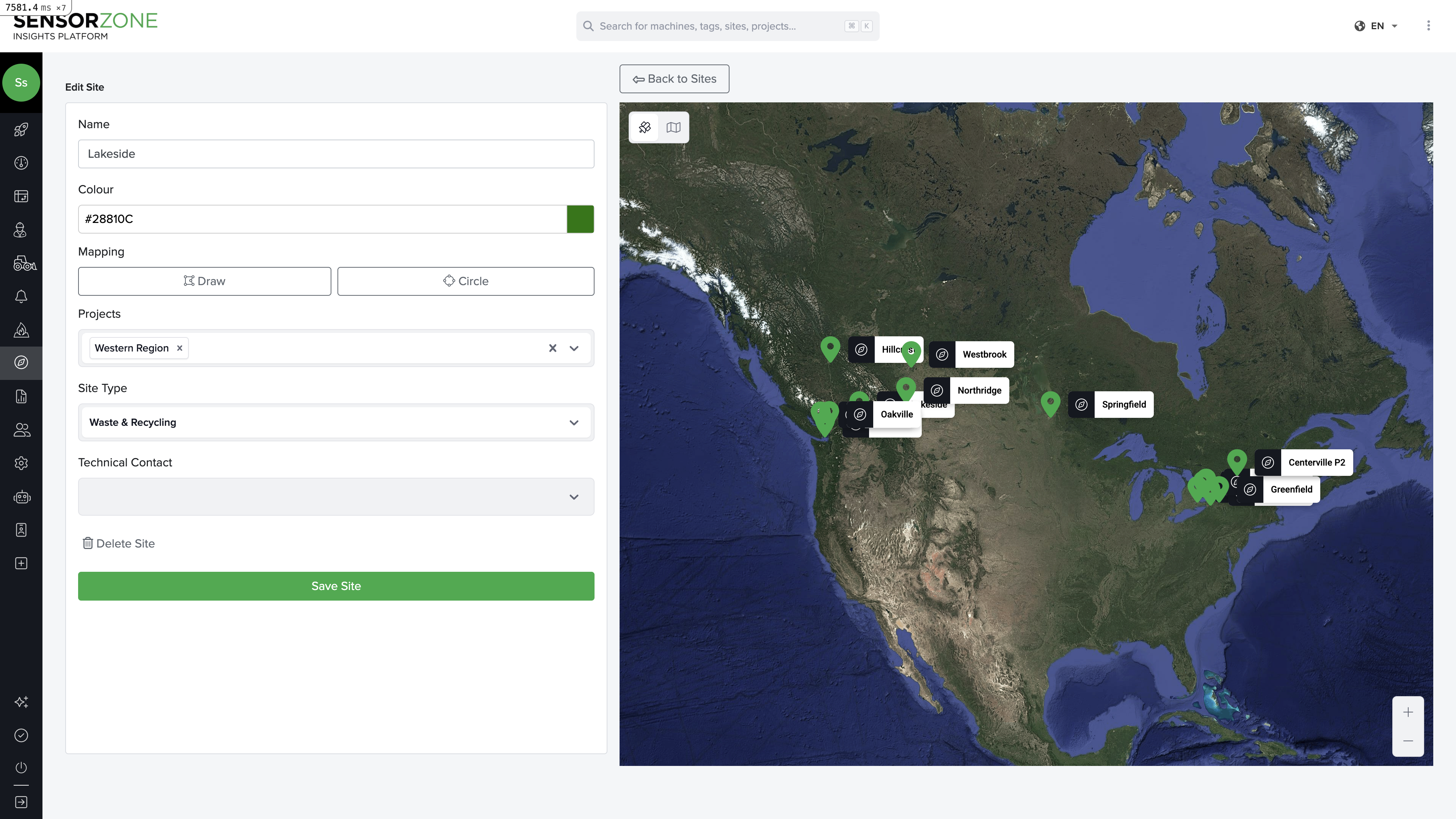 Worksite editor showing name, color picker, map tools, project assignment, and site type selector