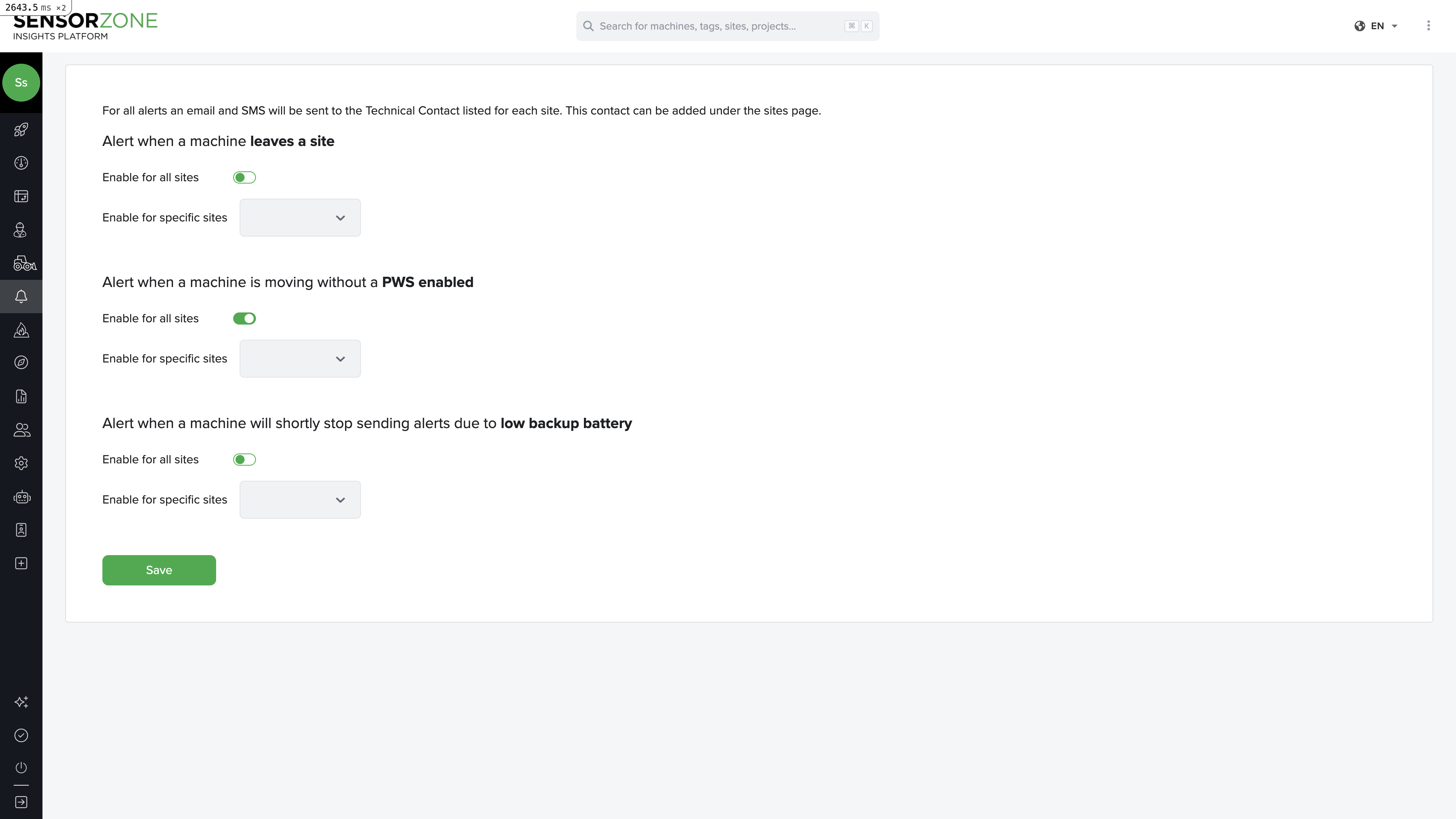 SensorZone Alerts configuration page