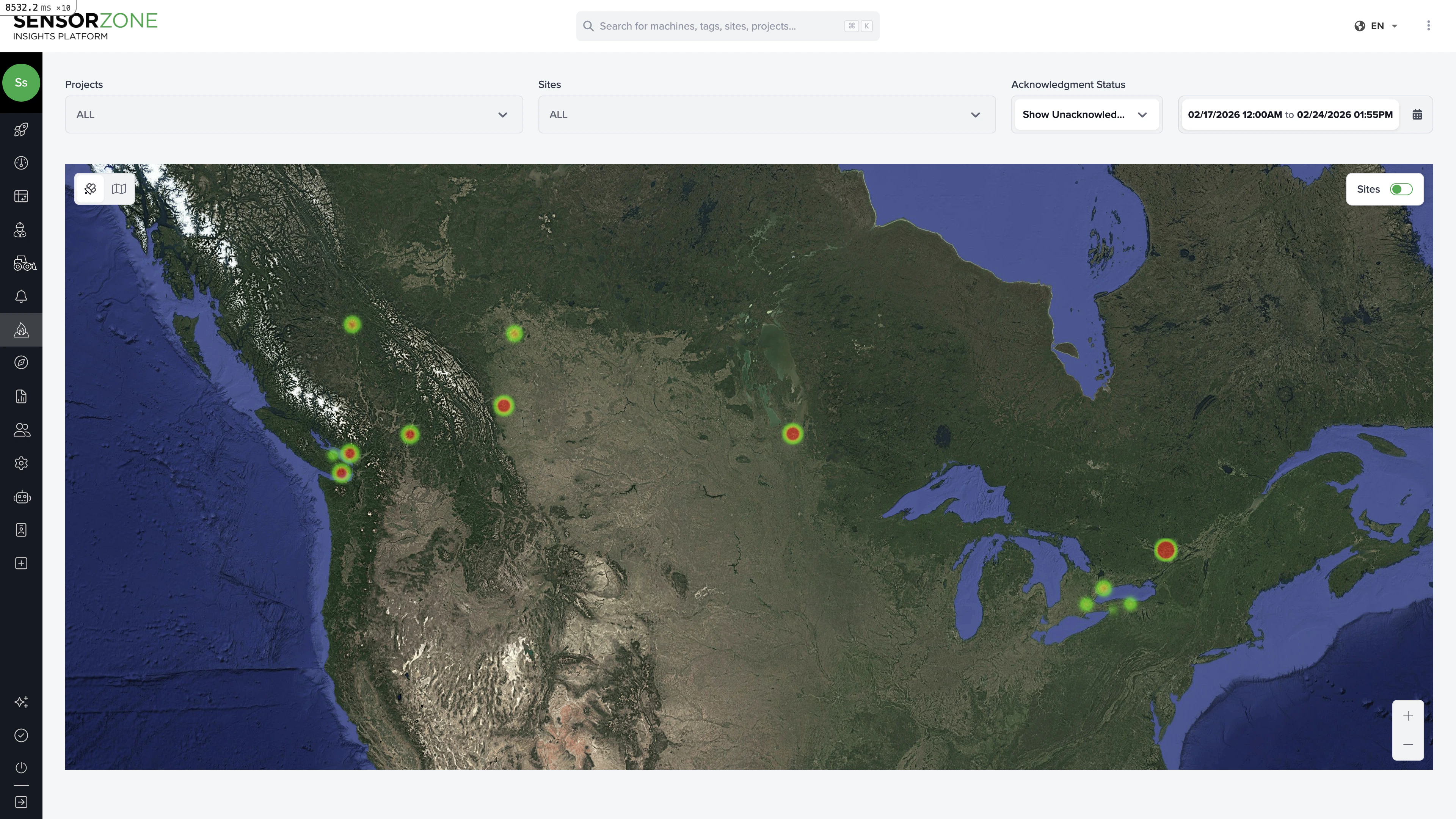 SensorZone Heat Map showing incursion density across worksites