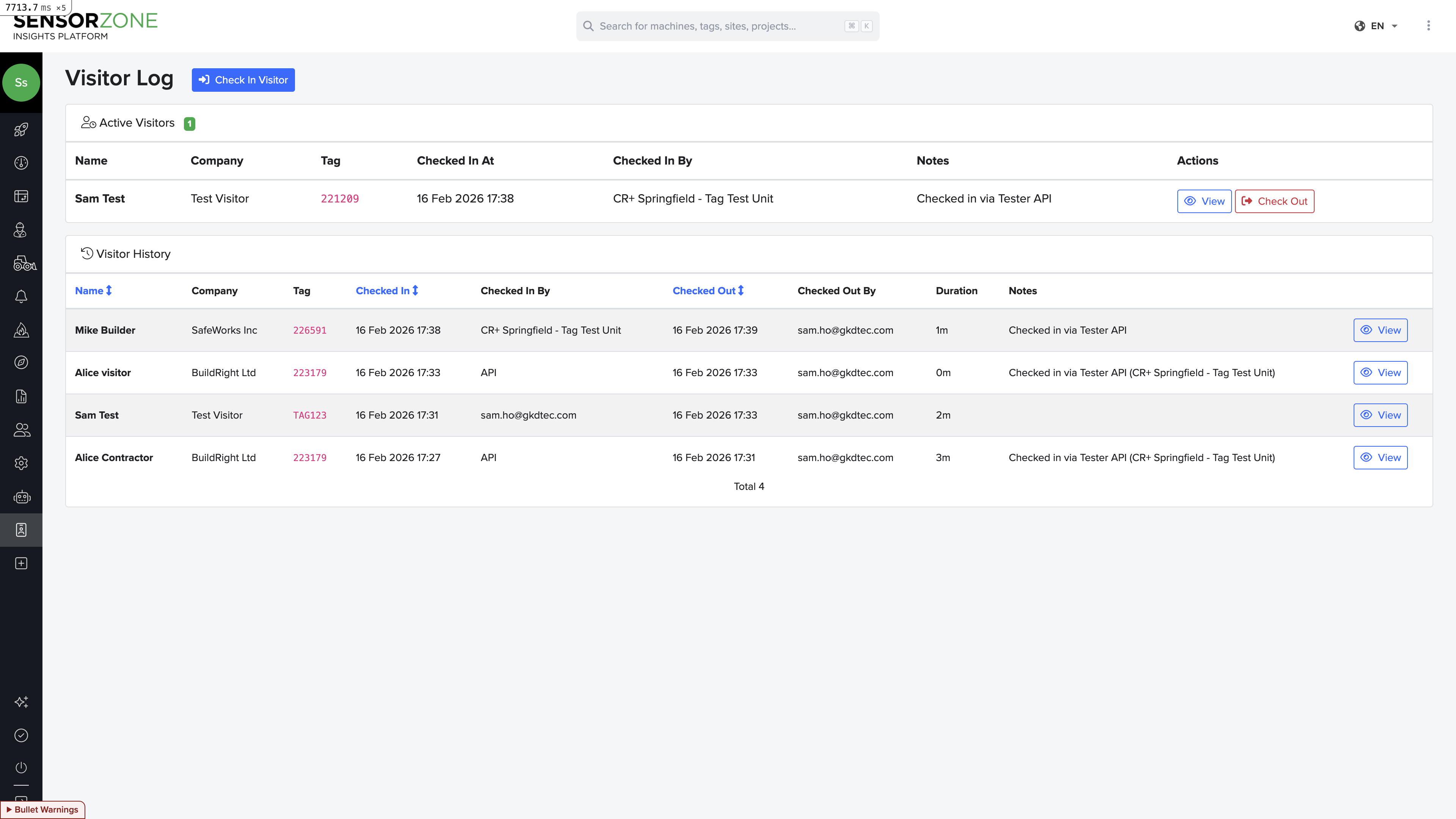 SensorZone Visitor Log showing active sessions and history