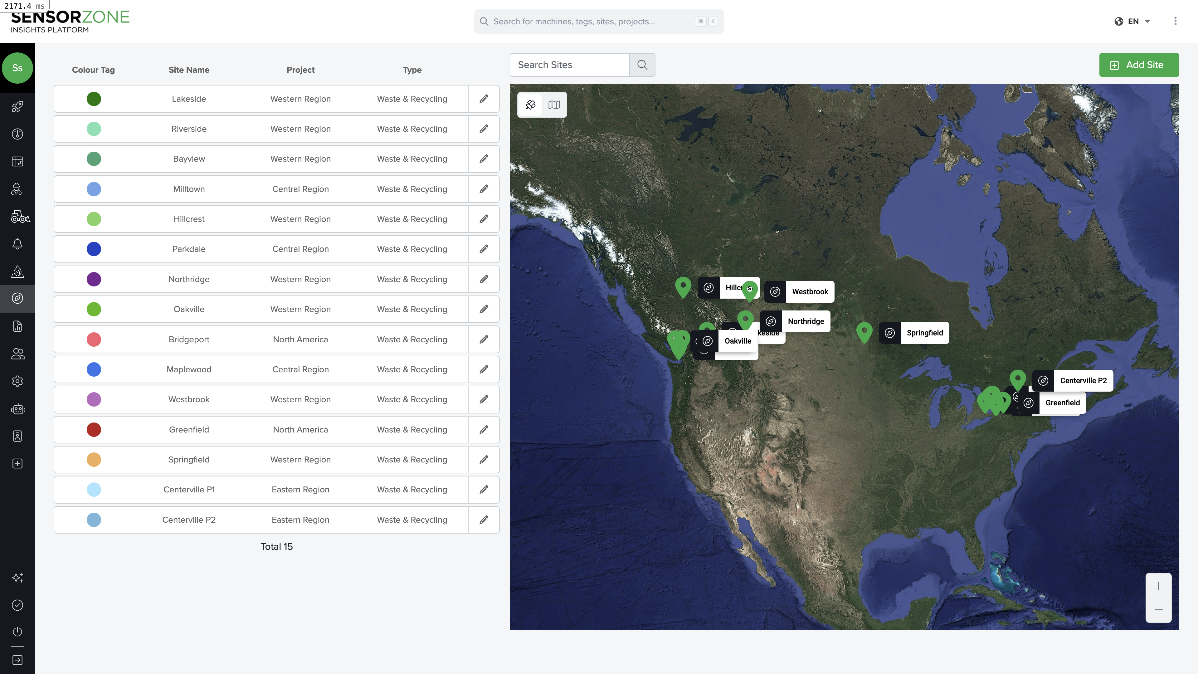 SensorZone Sites page showing worksite boundaries on an interactive map