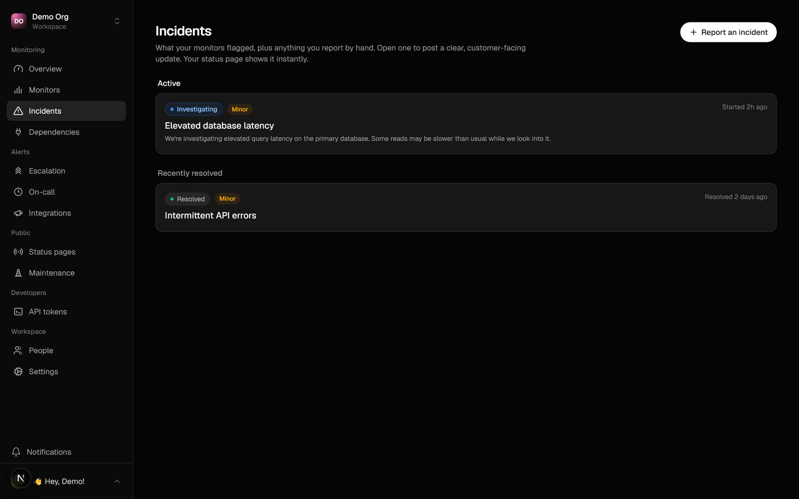The incidents view in the dashboard