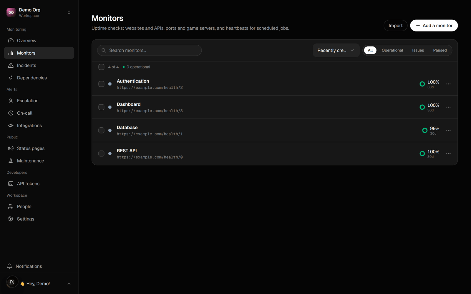 The monitors list in the Sentivel dashboard