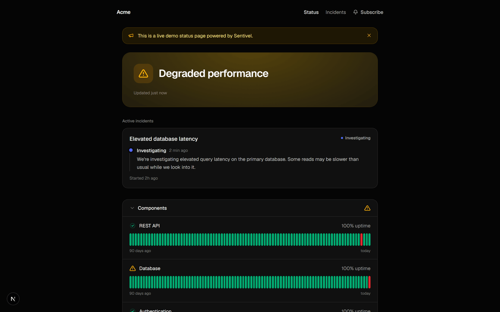 A live Sentivel status page