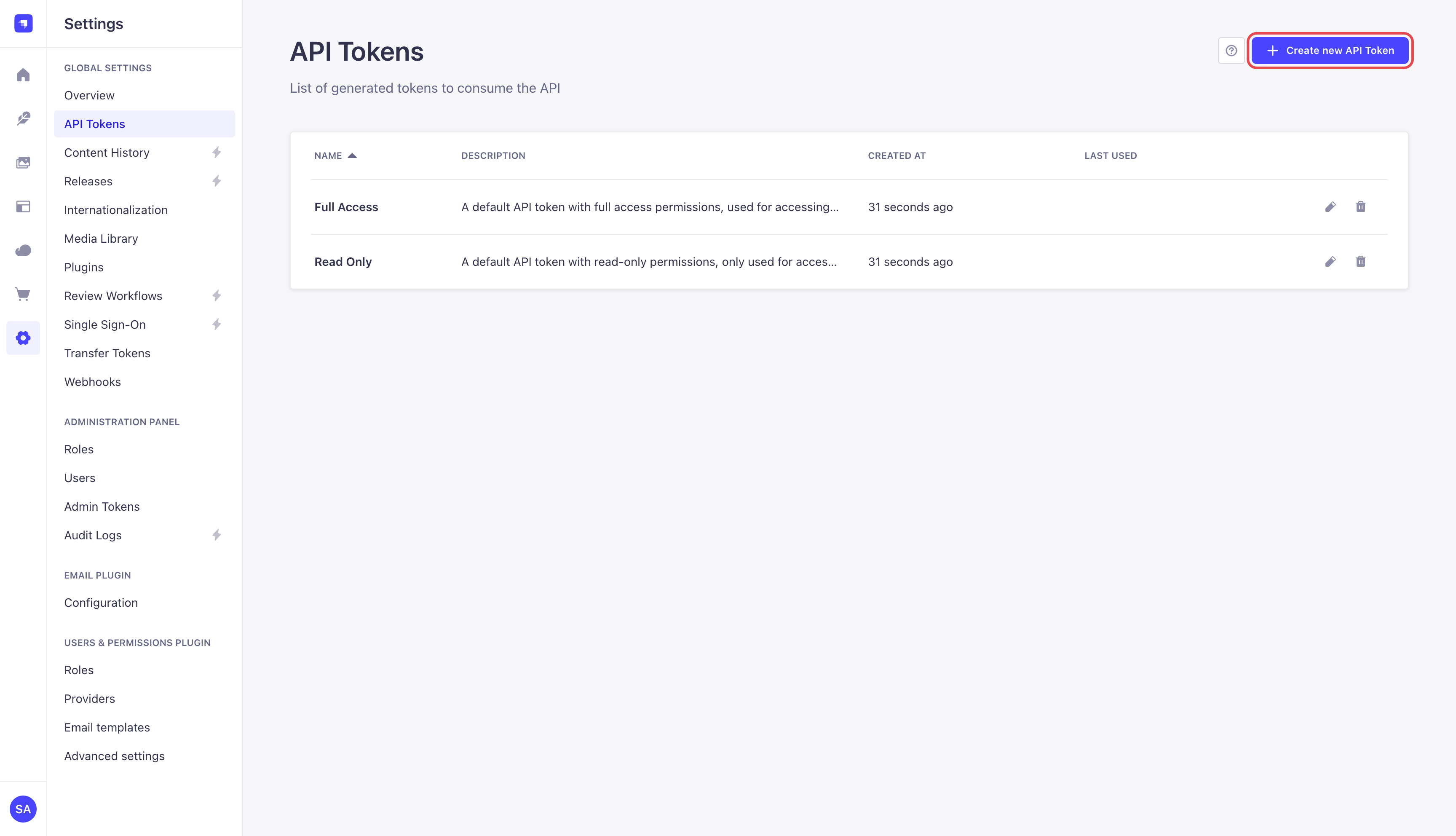 Strapi API Tokens settings page listing the default tokens, with Create new API Token highlighted