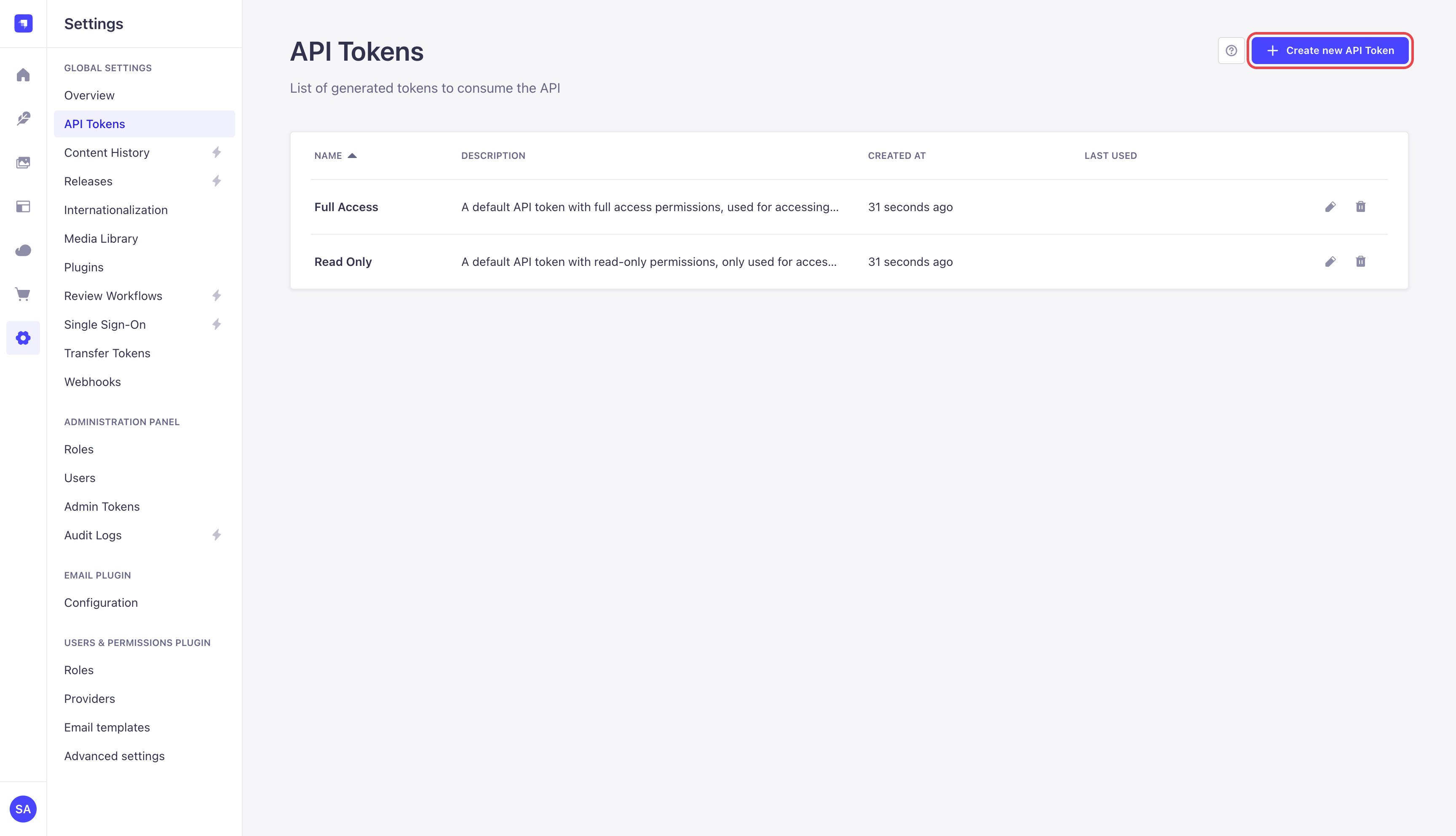 Strapi API Tokens settings page listing the default tokens, with Create new API Token highlighted