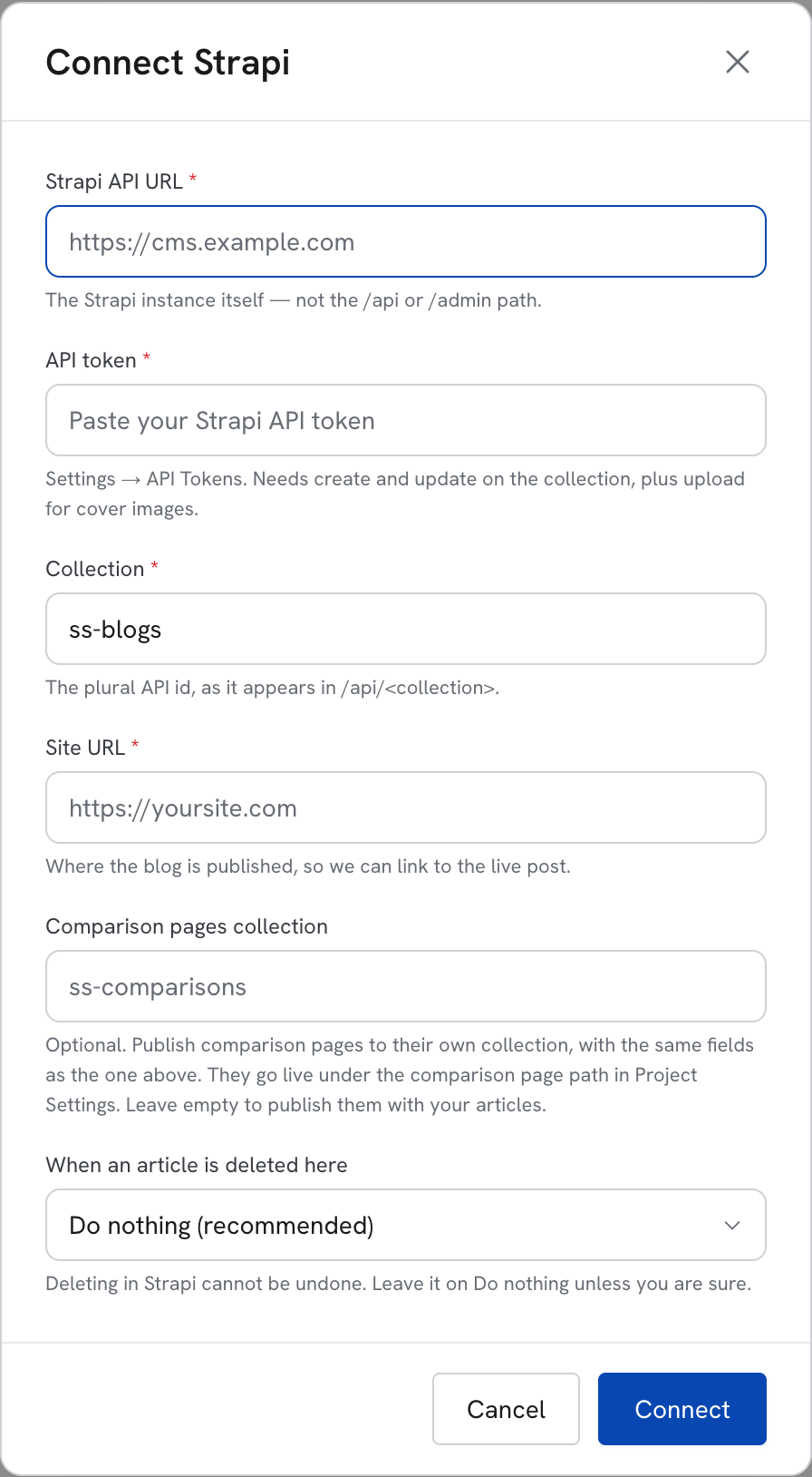 Connect Strapi dialog with Strapi API URL, API token, Collection, Site URL, Comparison pages collection and a When an article is deleted here dropdown set to Do nothing (recommended)