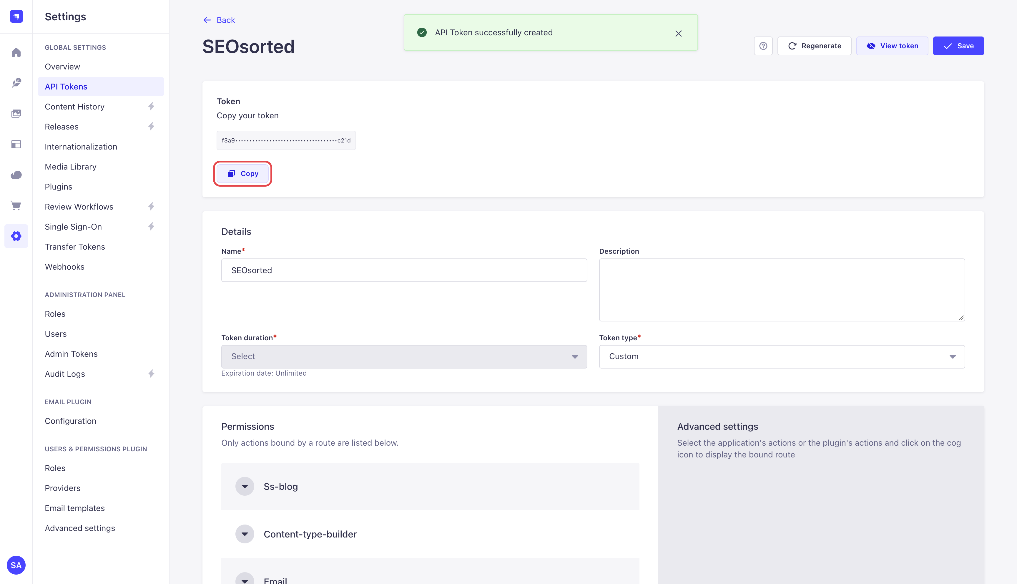 Strapi API token SEOsorted created, with the masked token and the Copy button highlighted