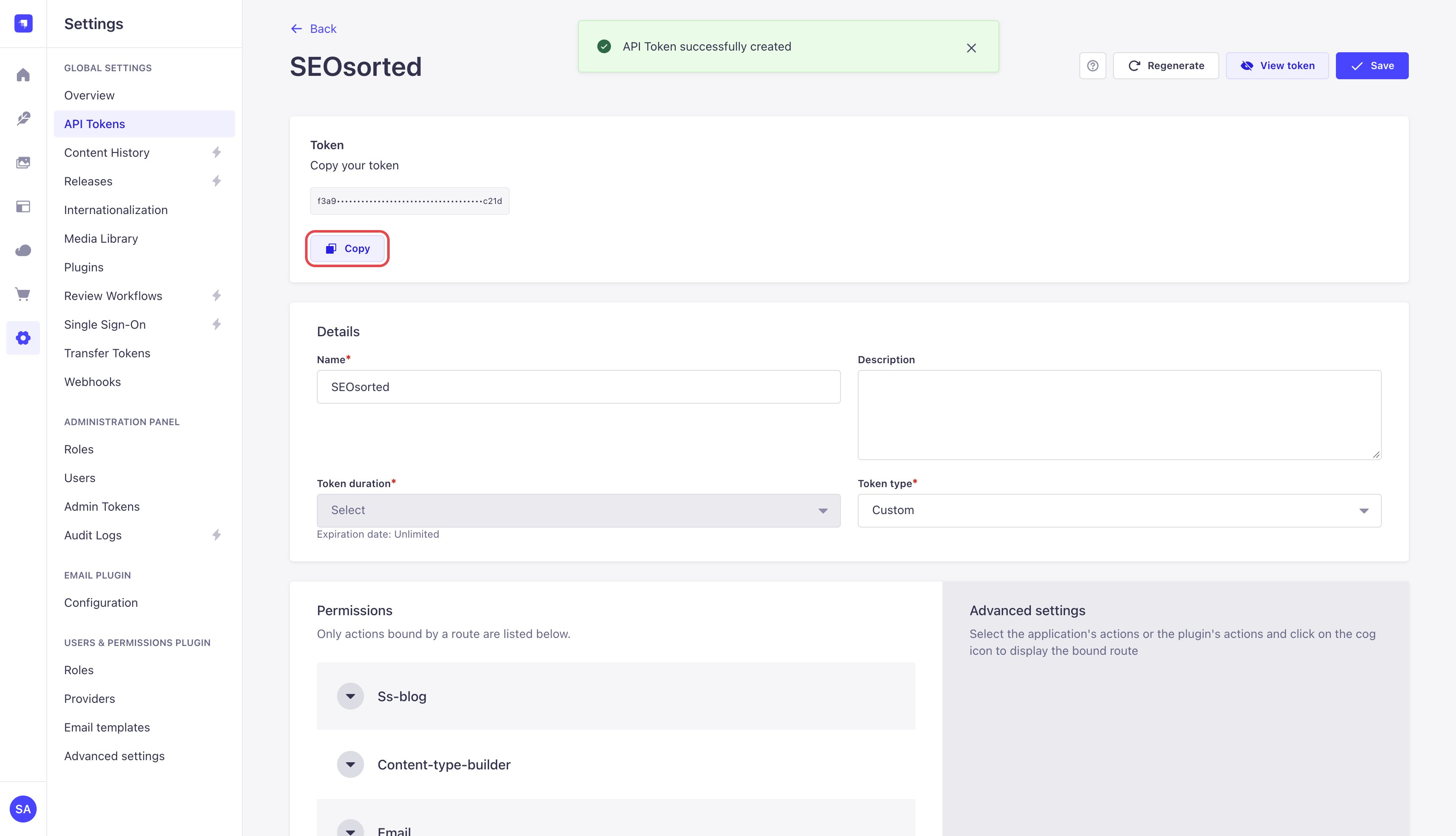 Strapi API token SEOsorted created, with the masked token and the Copy button highlighted