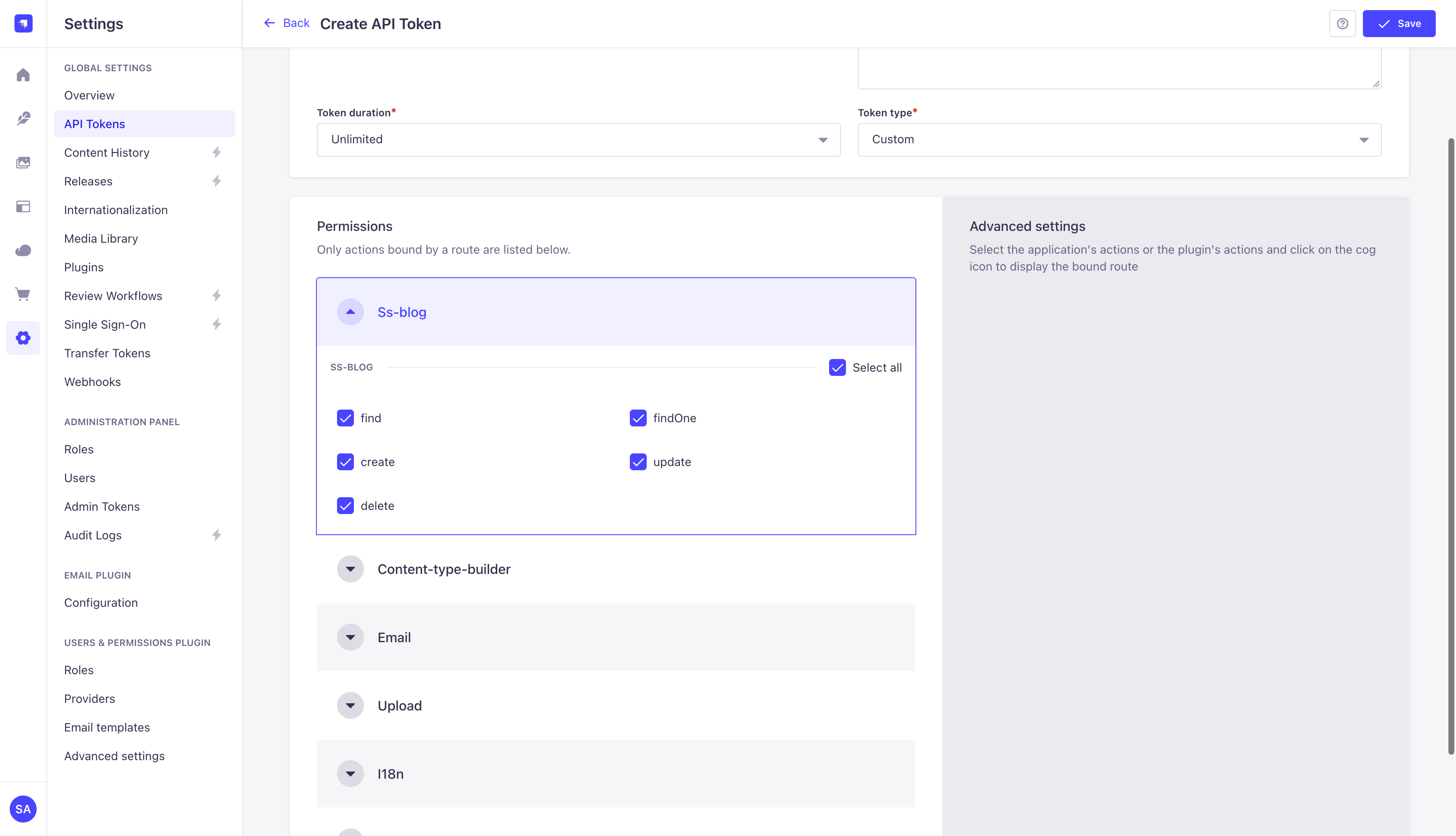 Create API Token form with Token duration Unlimited, Token type Custom, and the Ss-blog permissions expanded with find, findOne, create, update and delete ticked